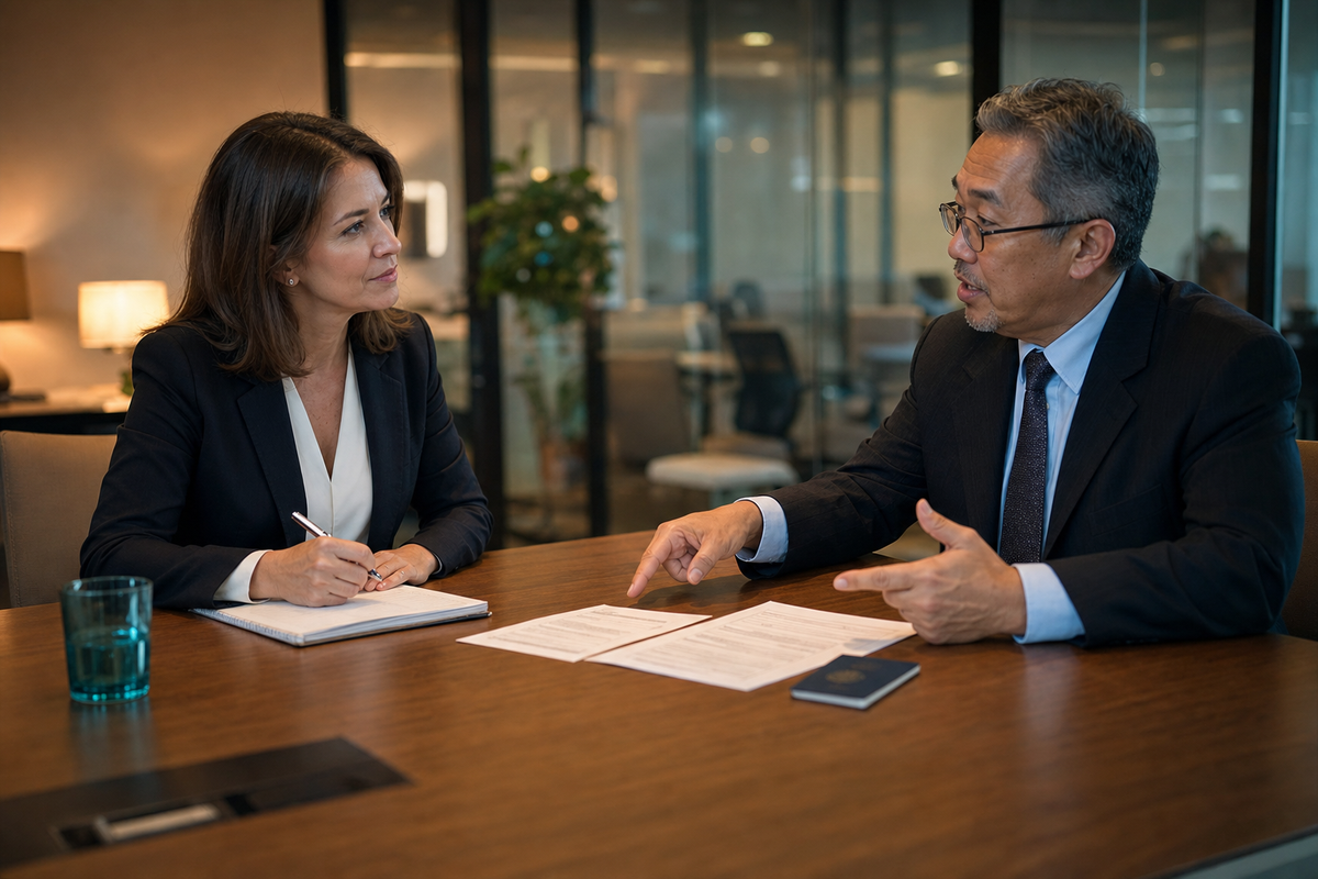 HR director reviews H-1B I-9 paperwork in a conference room with an immigration attorney pointing at a passport and Form I-9