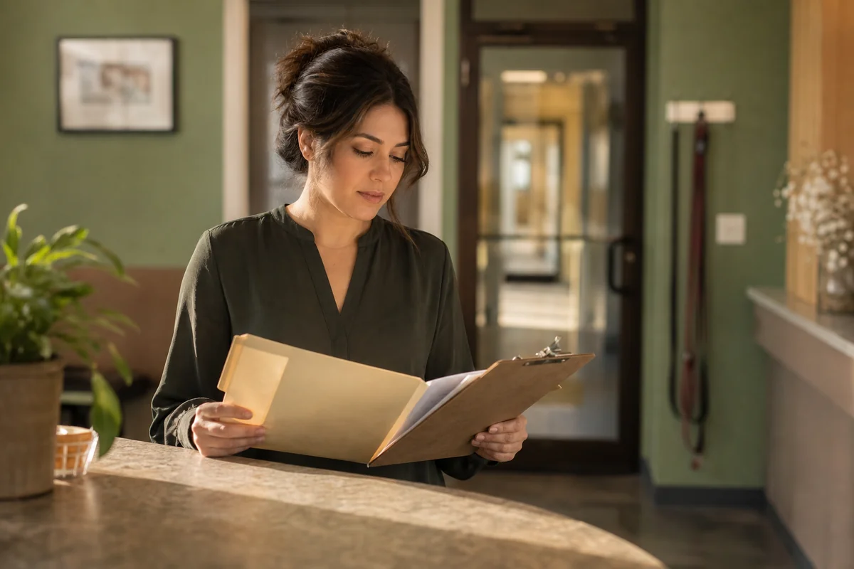 A veterinary clinic office manager at the reception counter reviewing a manila folder of new-hire paperwork, with the clinic hallway visible through a glass door behind her.