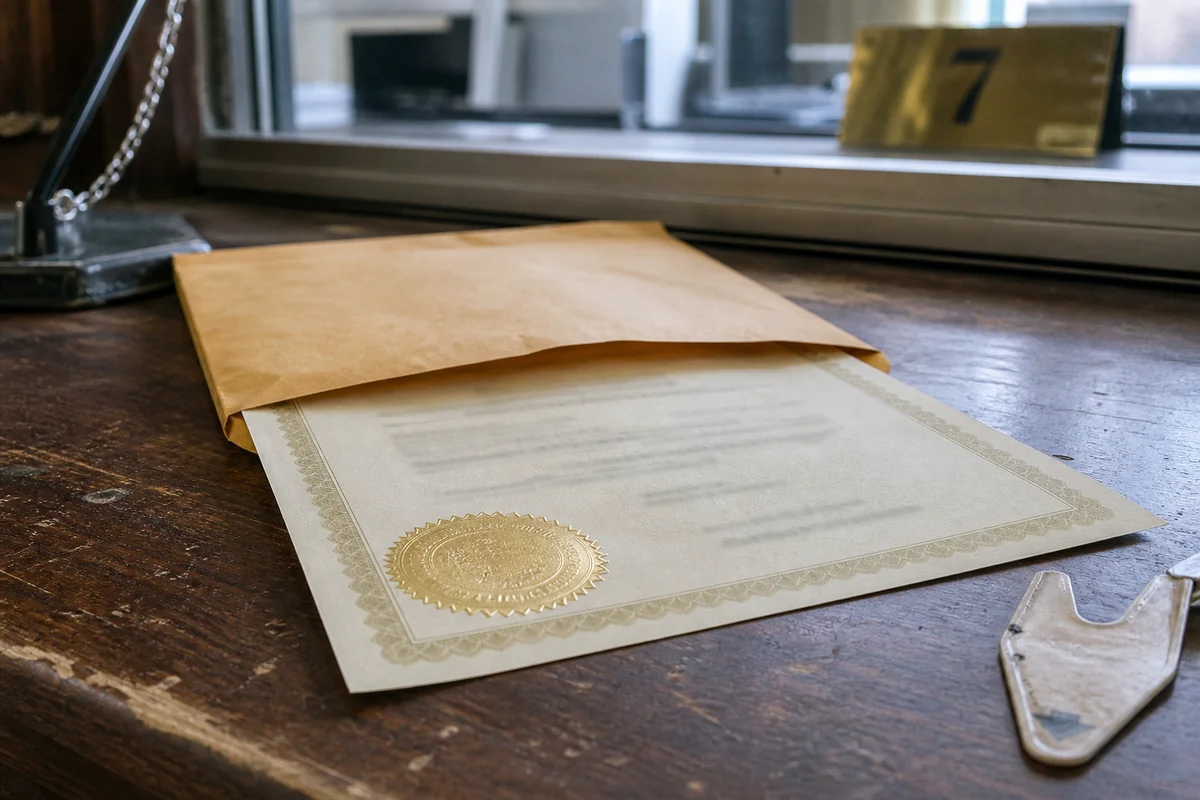 A cream certificate half-out of a manila window envelope on a worn wood county-clerk counter, gold seal catching the light, a take-a-number ticket at the edge of the frame.