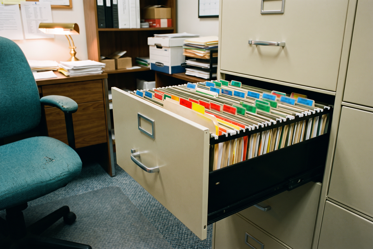 Open lateral filing cabinet drawer in an HR office with color-tabbed personnel folders, desk and office chair in the background.