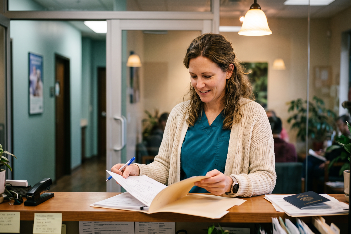 Over-the-shoulder view of an employer representative completing Form I-9 Section 2 at a desk, documents angled away from camera.