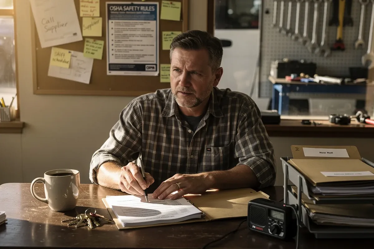 A small-business operations manager in a plaid shirt at a modest office desk, reviewing an open folder of new-hire paperwork. Behind him: a corkboard and a workshop floor visible through a doorway in soft focus. Warm afternoon light.