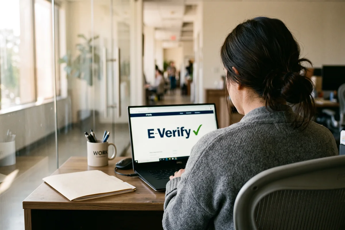 HR manager at an office desk with E-Verify open on her laptop, illustrating the E-Verify ICA v32 update for employers and vendors