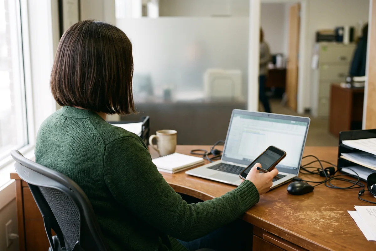 Office manager at her desk holding a smartphone while signing in on a laptop, illustrating the E-Verify login through Login.gov