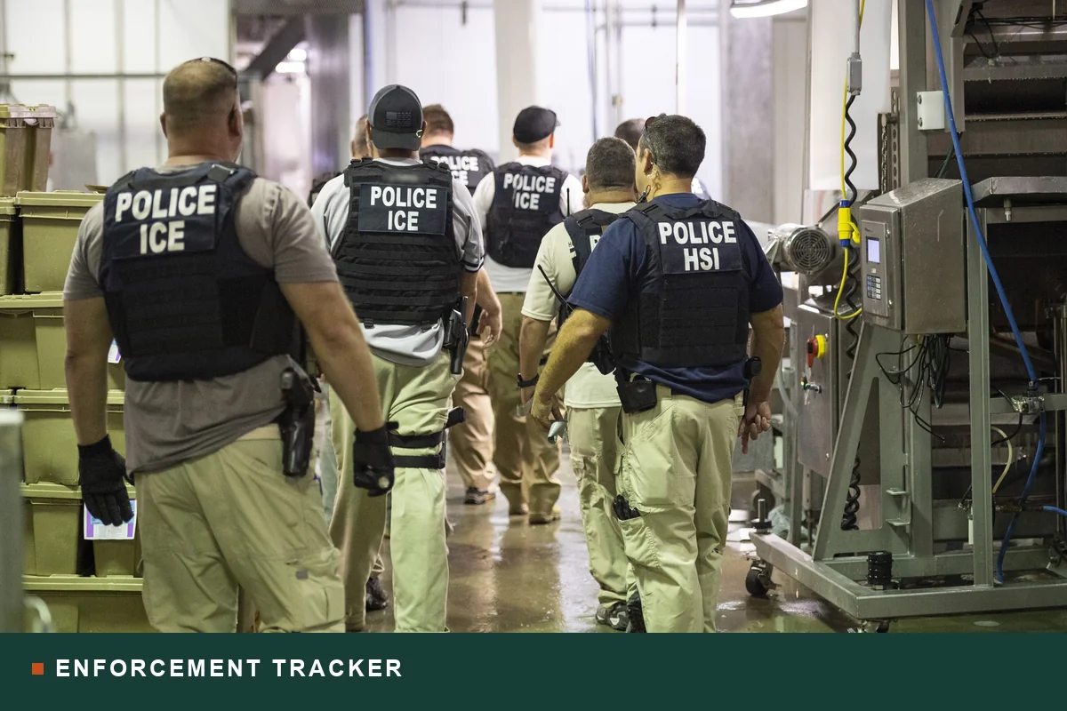 ICE and HSI agents walking through a processing plant during a worksite enforcement operation