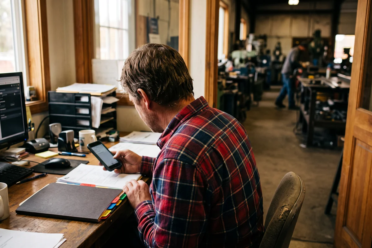 A small-business owner in a flannel shirt, seen from behind, checks his phone at a back-office desk beside a folder of new-hire paperwork, with the workshop floor visible through an open doorway.