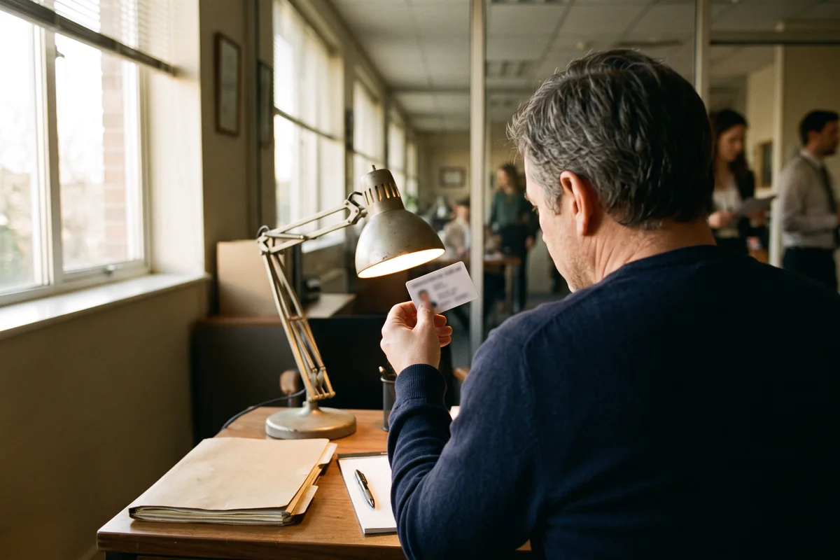 An HR manager at an office desk holds an employee's work authorization card under a desk lamp to read the small print.