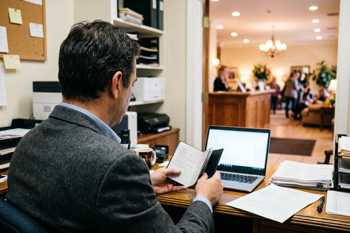 A hotel general manager in a back office reads an open passport at his desk, with the hotel lobby visible through the doorway.