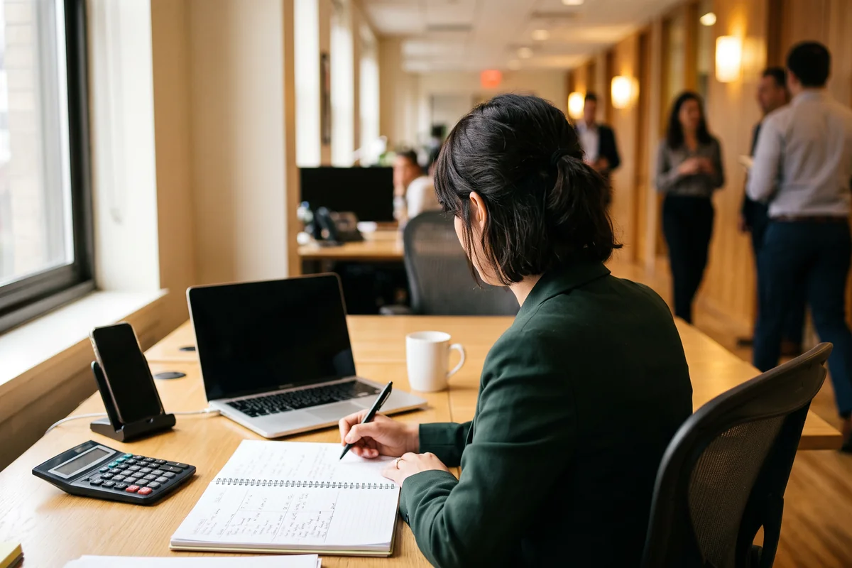 HR director comparing remote I-9 verification prices at her desk