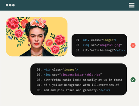 Infographic showing an image and HTML code compares standard vs. Scribely alt text. Standard: Main article image. Scribely: Frida Kahlo looks steadily at us in front of a yellow background decorated with illustrations of red and pink roses and greenery.
