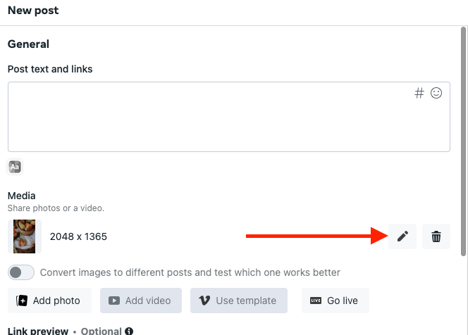 Screenshot of the New post window. We can see the photo uploaded to the Media area. A red arrow points to an Edit button between the photo and a delete button.