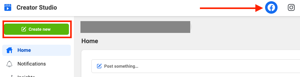 Screenshot of Facebook creator Studio with a red arrow pointing to the Facebook logo at the top right corner and a red box outlining the Create New button to our left.