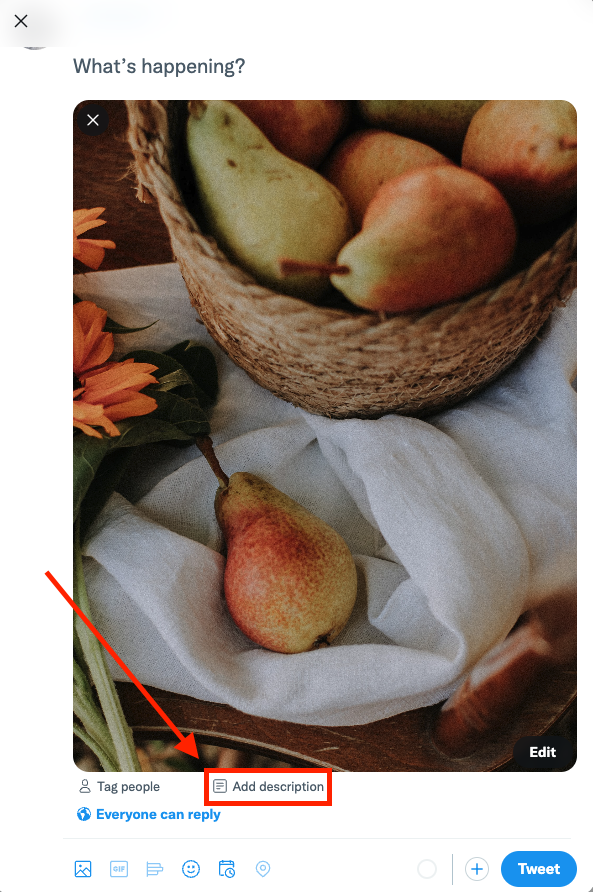 Screenshot of Twitter with an image uploaded to a post. A red box with an arrow is drawn around the "Add Description" selection that appears below the image.
