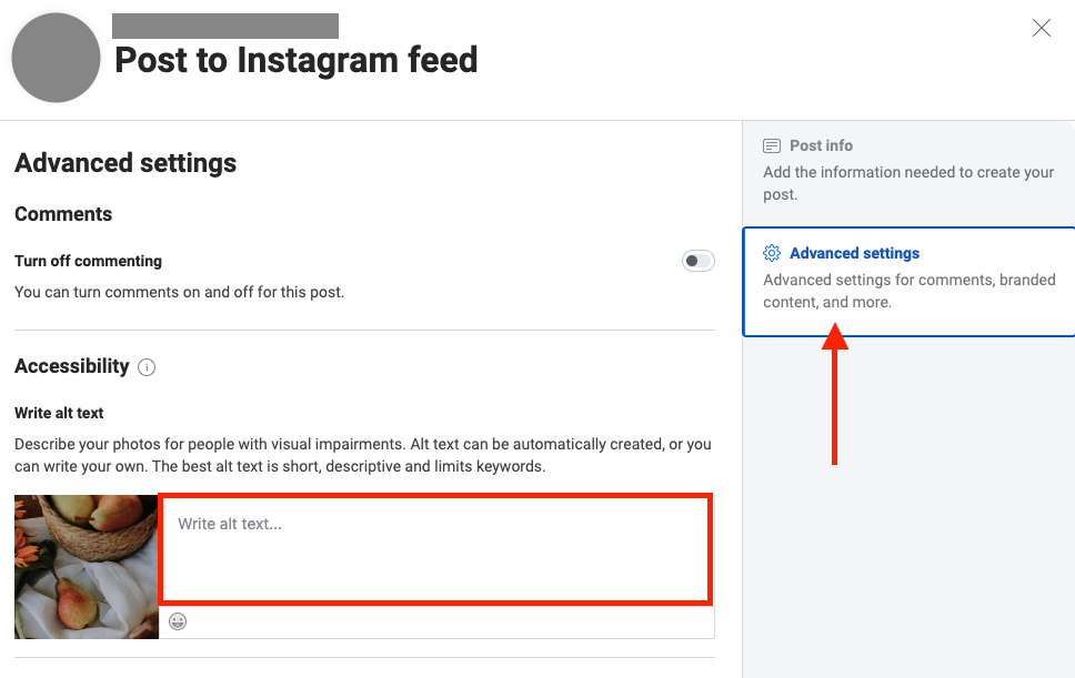 Facebook Creator Studio showing the "Post to Instagram feed" window. In the Advanced Settings area, there is a section titled, "Write alt text" with short instructions. A red box outlines a text area below this that reads "Write alt text."