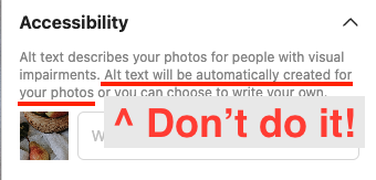 Screenshot of the Accessibility guidelines for a social media platform. Text reads, "Alt text describes your photos for people with visual impairments. Alt text will be automatically created for your photos or you can choose to write your own." A note about auto alt text at the bottom reads, "Don't do it!"