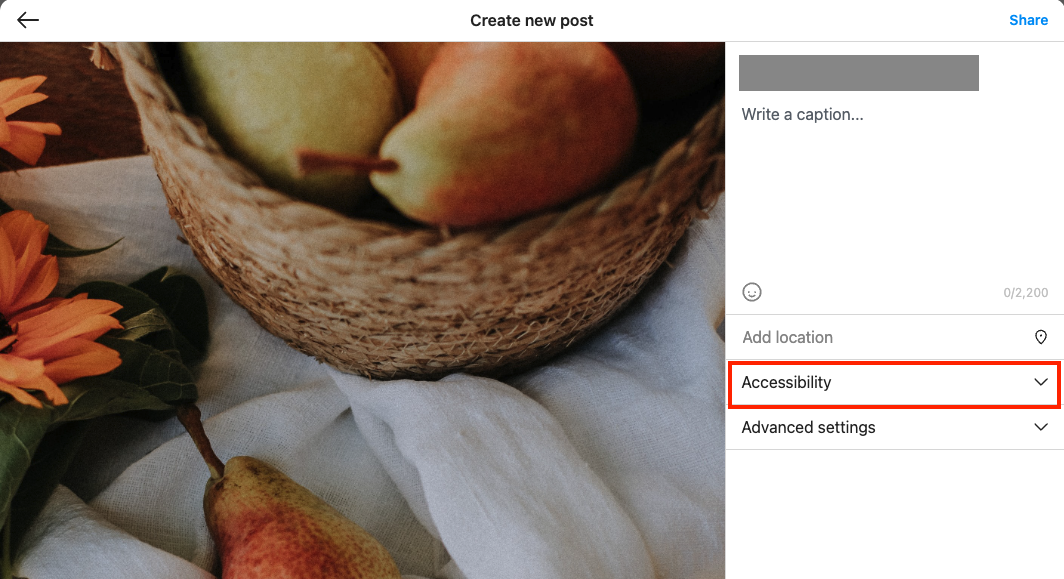 Screenshot of the desktop interface for Instagram showing the "Create new post" window. A red box is drawn around the dropdown menu for Accessibility.