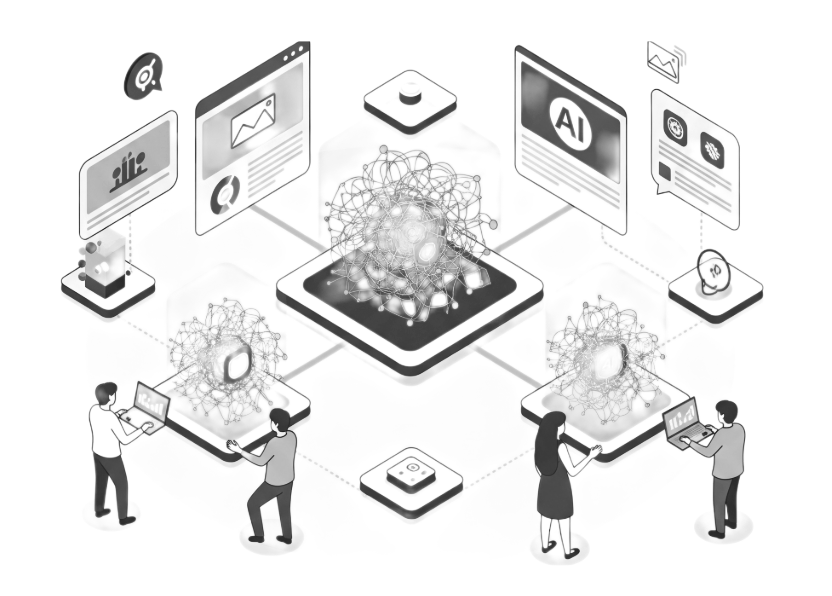A black and white isometric illustration depicting a centralized digital network. In the center, a large platform supports an orb representing an AI or neural network with smaller orbs connected. This central hub is connected by lines to various floating user interface windows. Four people stand at the smaller orbs using laptops to interact with the technology to illustrate an interconnected workflow.
