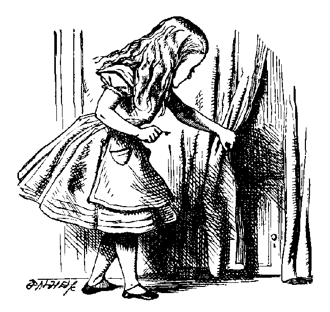 Alice pulls back a curtain with one hand while clutching a skeleton key with the other. She wears a dress with short, puffed sleeves and a flaring, calf-length skirt under an apron. Her hair hangs loosely around her shoulders as she leans forward to look at a knee-high door revealed by the curtain.