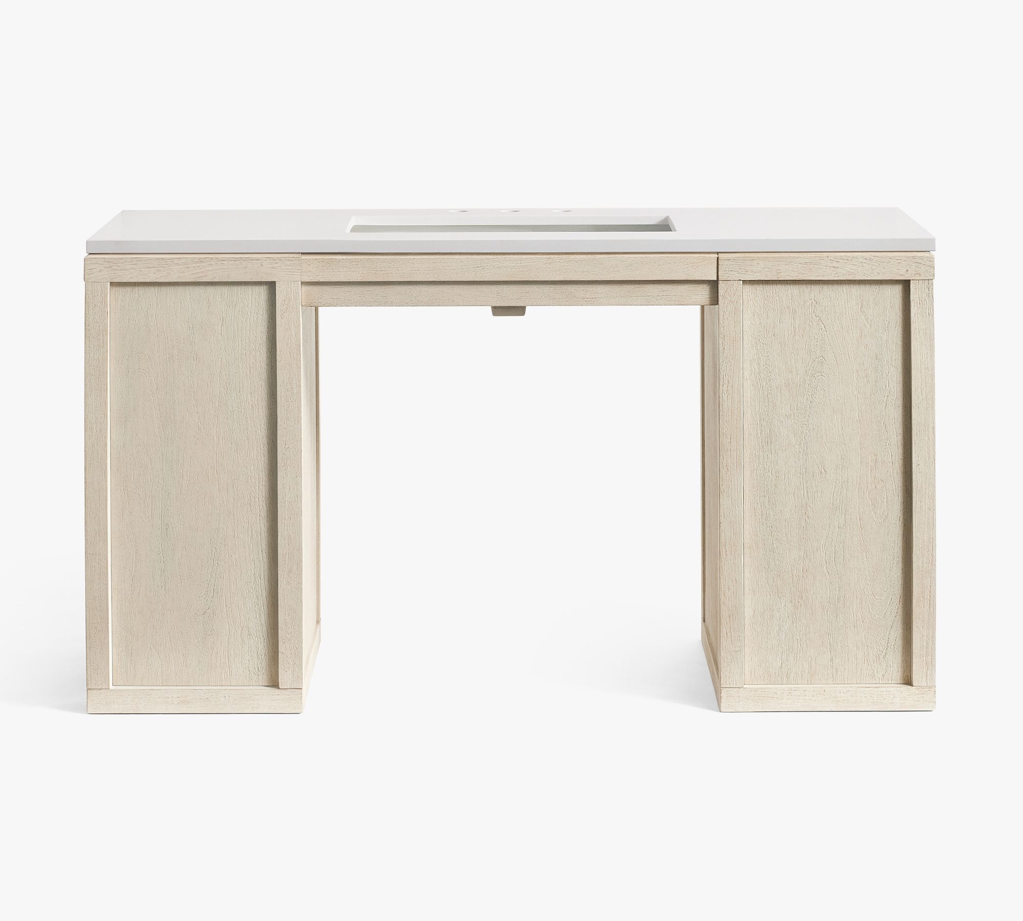 Front-facing product image of single-sink vanity shown against a plain white background. The style is rustic-modern with a light brown wood textured finish and a white quartz countertop with a rectangular sink.