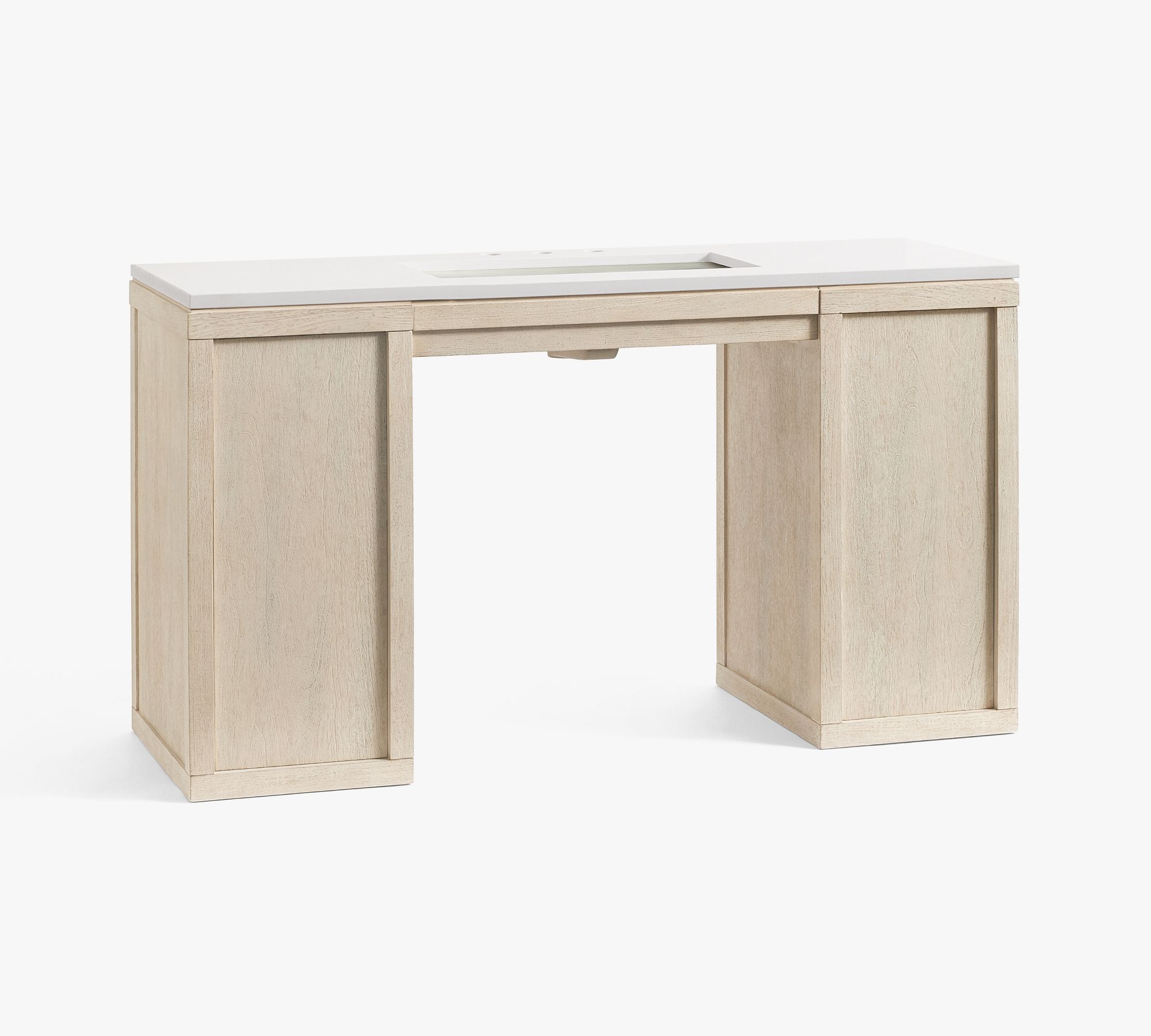 Interactive 360-degree view summarizes the vanity's form. The rotation highlights the light wood finish, white quartz countertop, and smooth side panels. It specifically reveals the two concealed pop-out drawers and the accessible, open space underneath the base.