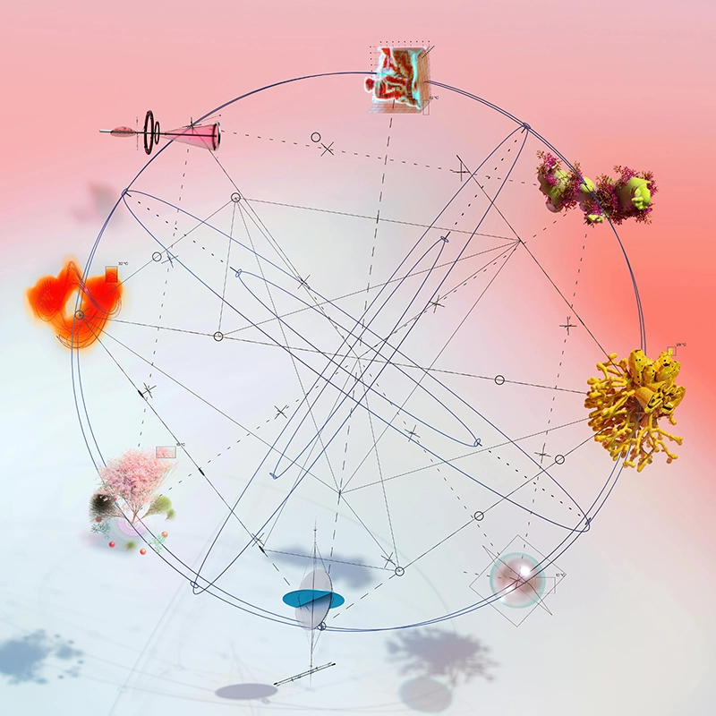 An abstract design of eight futuristic 3D structures representing math, science, space, and sound arranged in a circle. They are linked by 2D and 3D lines that form a spherical pattern.