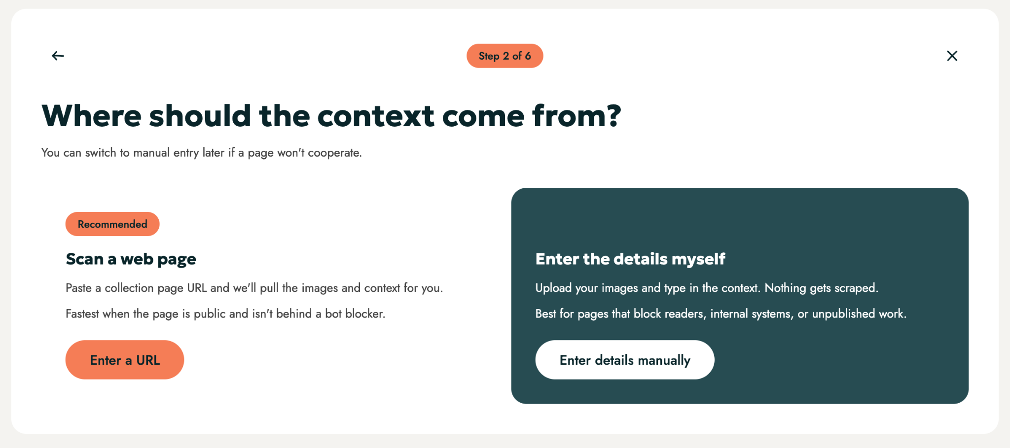 Screenshot of the URL page for Scribely's Context Engine for Alt Text. At the top, a question reads "Where should the context come from?" Below it are two options. The recommended option, "Scan a web page," lets users paste in a URL, while "Enter details myself" lets users upload images manually and type in the context.