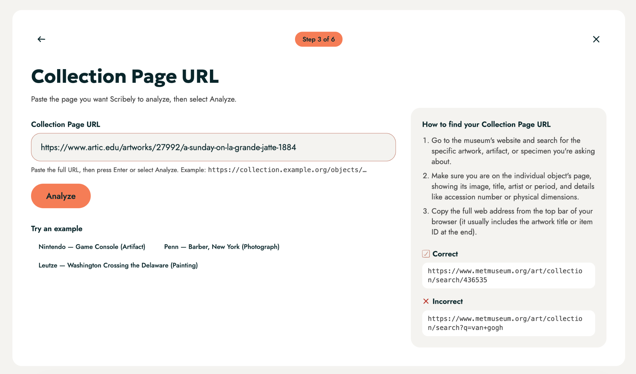 Screenshot of the Collection Page URL page for Scribely's Context Engine for Alt Text. Text at the top reads "Collection Page URL," with a field to paste the page to be analyzed. Below it are clickable examples, including "Nintendo - Game Console (Artifact)," "Penn - Barber, New York (Photograph)," and "Leutze - Washington Crossing the Delaware (Painting)." On the right is a box titled "How to find your Collection Page URL," offering tips for locating the artwork on a museum's website, including a reminder to make sure you're on the individual object's page and copy the full web address from the browser's top bar when pasting a URL.
