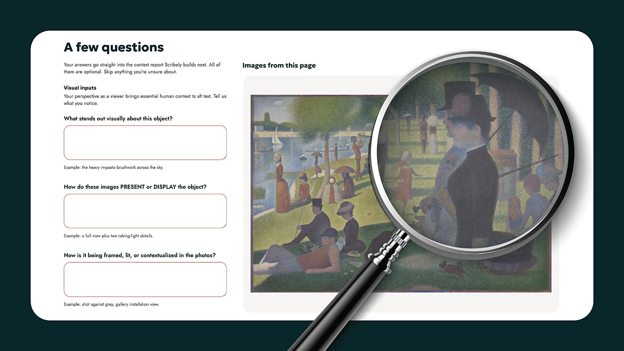 Screenshot of the User Inputs screen of the Scribely Context Engine, featuring Seurat's "A Sunday on La Grande Jatte" to the right and three visual input questions to the left, such as "What stands out visually about this object?"