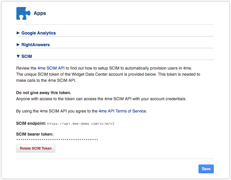 Apps SCIM bearer token for demo instance