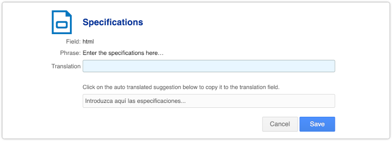 Placeholder text in Translations section of Settings console