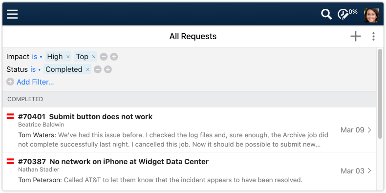 Filtered All Requests view in 4me Self Service