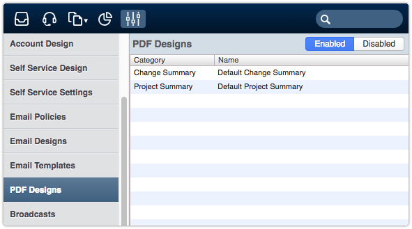 PDF Designs section of the Settings console
