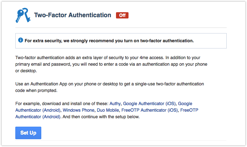 2-Factor Authentication Start Set Up in 4me