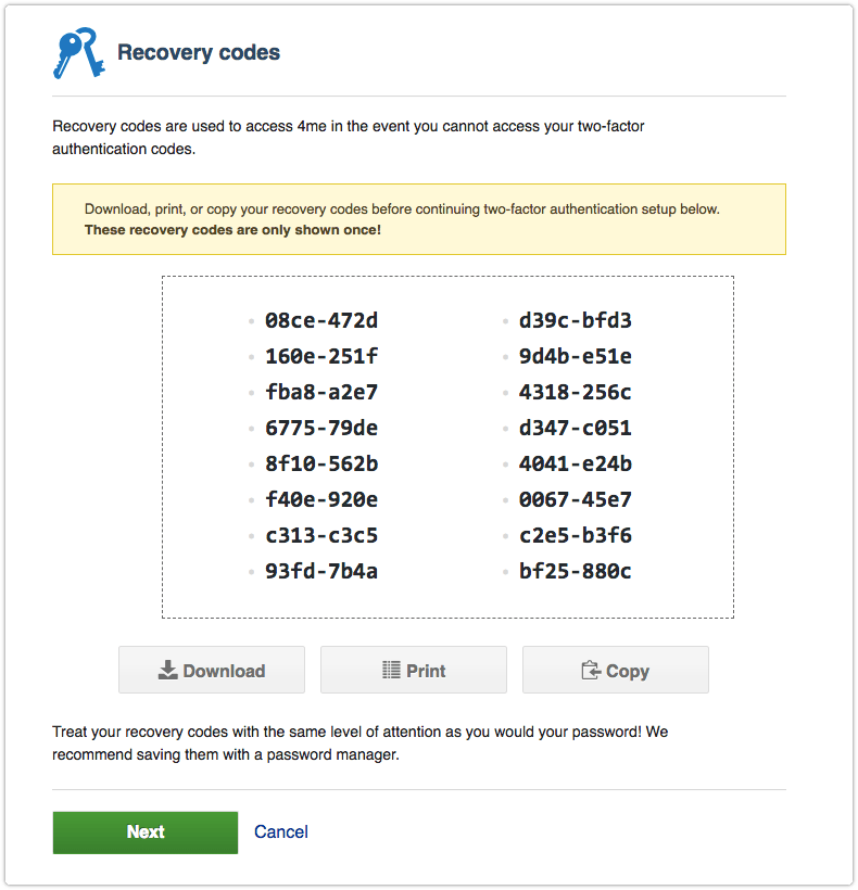2-Factor Authentication Recovery Codes
