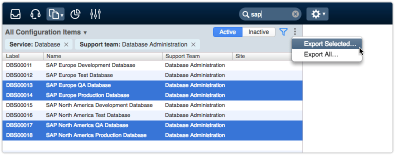 Export Selected option selected