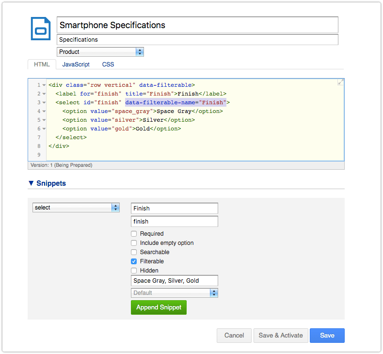 UI extension snippet HTML of filterable select field