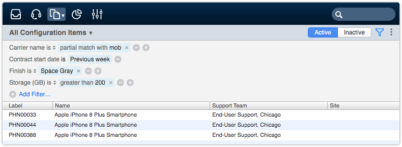 Configuration items view filtered by custom fields