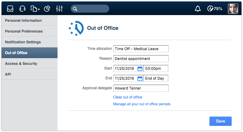 Out of Office section in the full ui