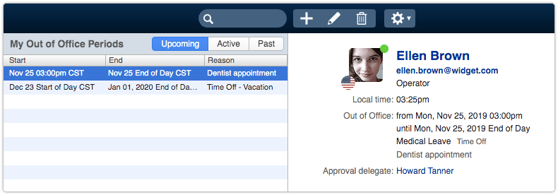 Out of Office Periods section with multiple out of office periods