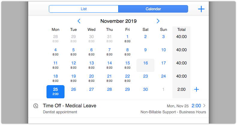Timesheet with time entry from out of office period