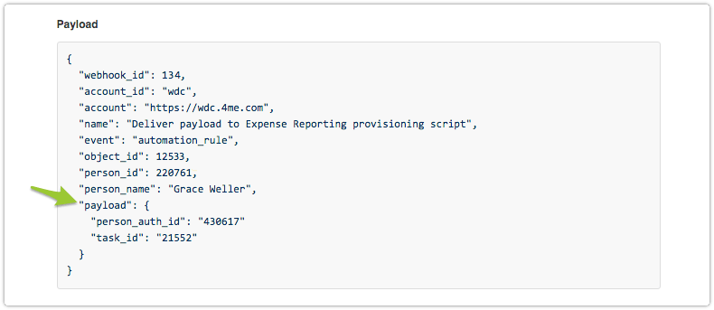 Custom payload of webhook called by 4me automation rule
