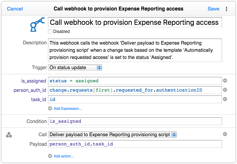 4me automation rule that calls webhook
