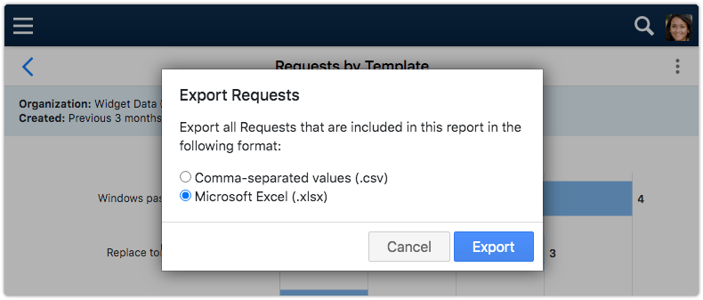 Export underlying requests from 4me Self Service report in Excel format
