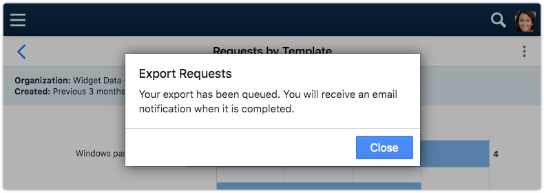 Notification after initiating an export from 4me Self Service