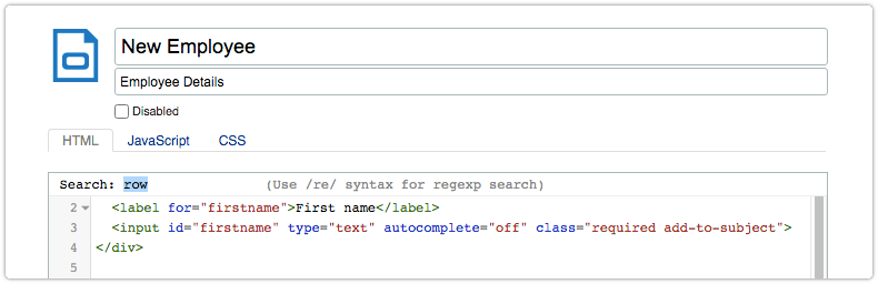 Search dialog at top of code field