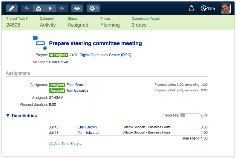 Project task with planned and remaining effort