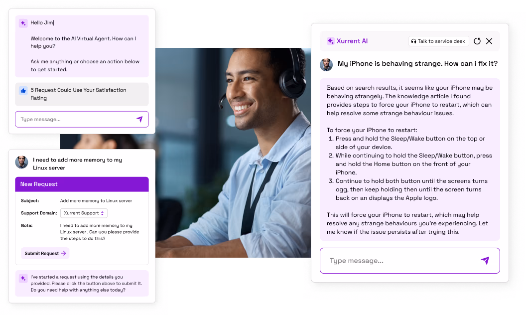 A xurrent screenshot of a self service portal with virtual assistance from conversational ai