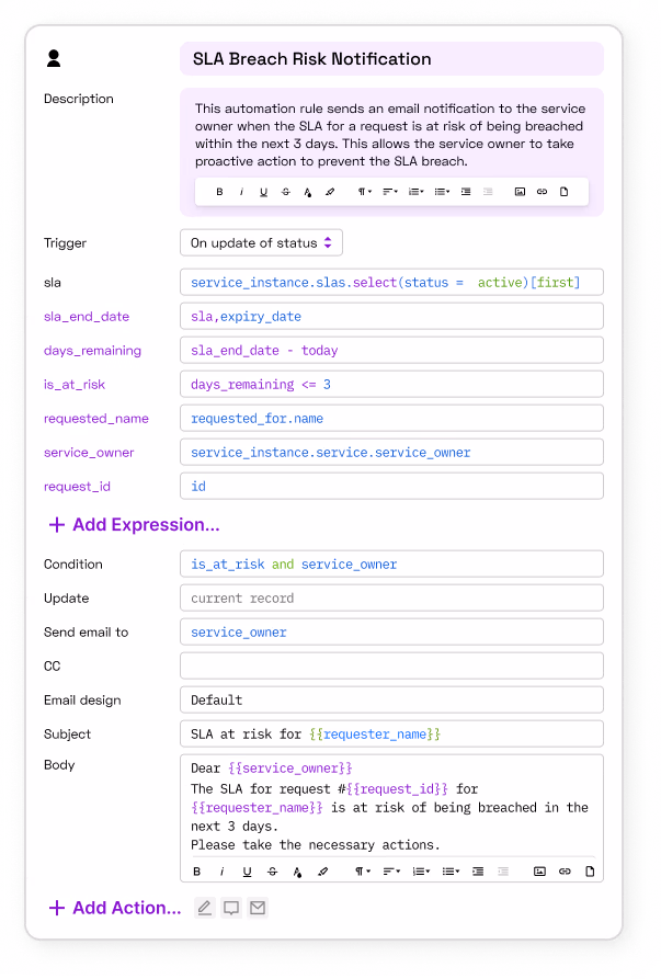 A screenshot of xurrent ai automation settings with low code builder