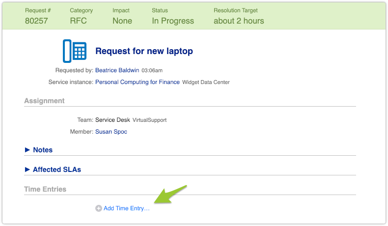 Request in View mode with add time entry option