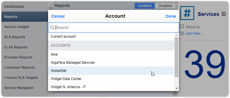 Services metric report account filter